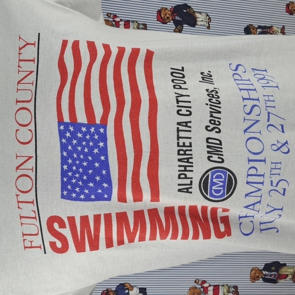 Vintage 1991 Fulton County Swim Championship Flag logo graphic white LG t-shirt - Picture 3 of 5